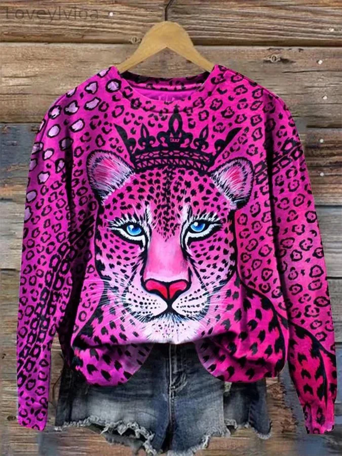 Women's Leopard Print Long Sleeve Crewneck Sweatshirt.
