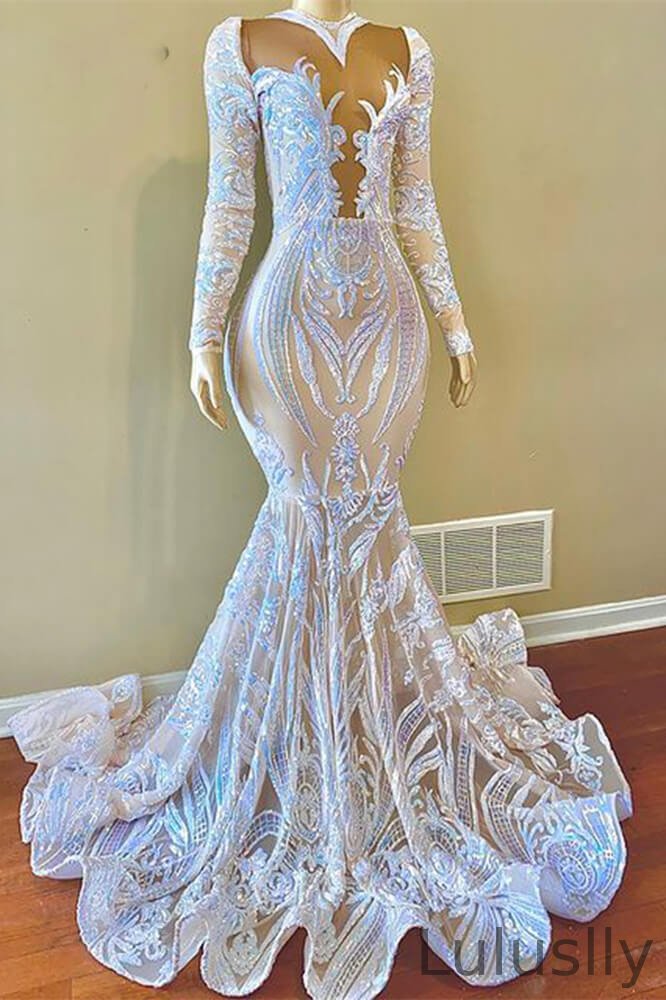 Luluslly Mermaid Prom Dress  Long Sleeves With Sequins Lace