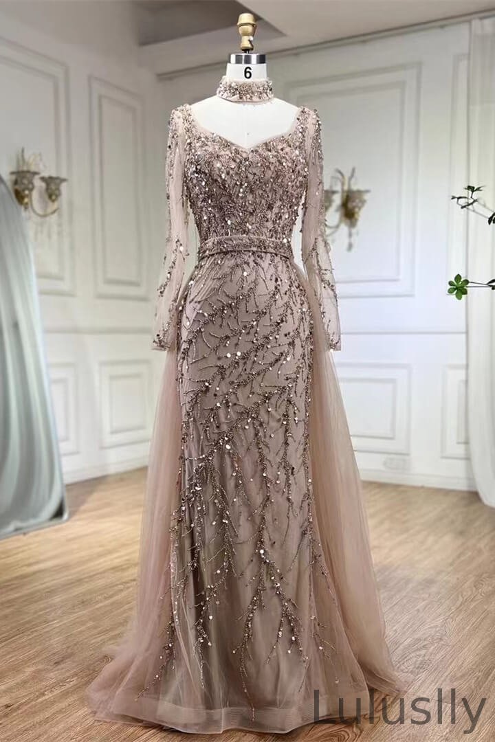 Luluslly High Neck Mermaid Formal Prom Dresses With Beadings Overskirt On Sale Long Sleeves