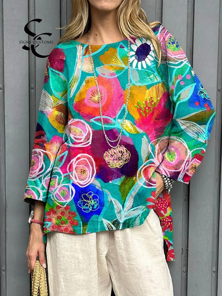 Women's Vintage Floral Art Print Casual Cotton And Linen Shirt