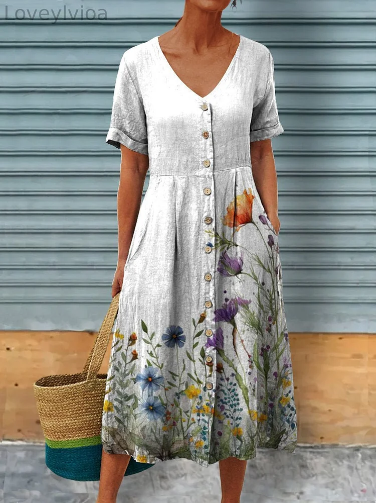 Women's Spring Flowers Linen Pocket Tunic Dress