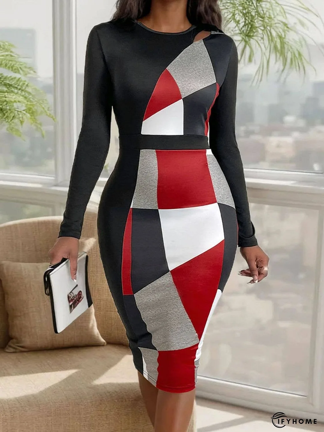 Perfee Cutout Color Block Round Neck Long Sleeve Dress | IFYHOME