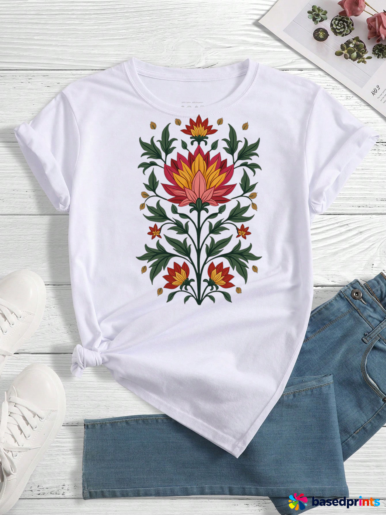 Embroidered Floral White T-Shirt Women's Short Sleeve Casual T-Shirts