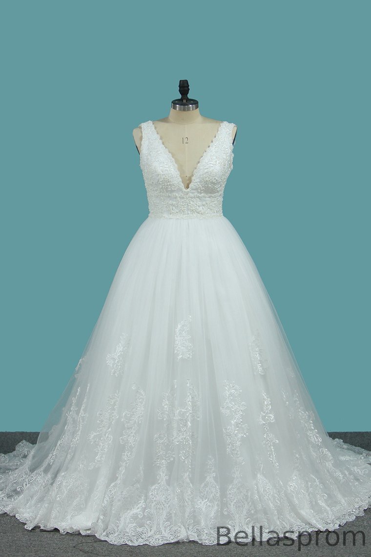 Bellasprom Deep V-Neck Backless Long Wedding Gown With Lace Appliques Bellasprom