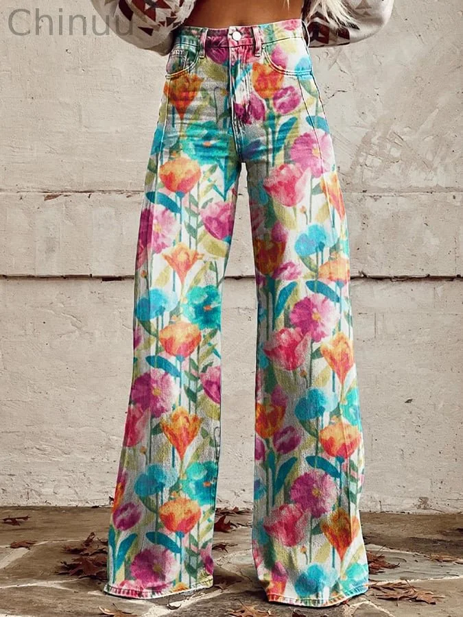 Women's Vintage Botanical Floral Wide Leg Pants