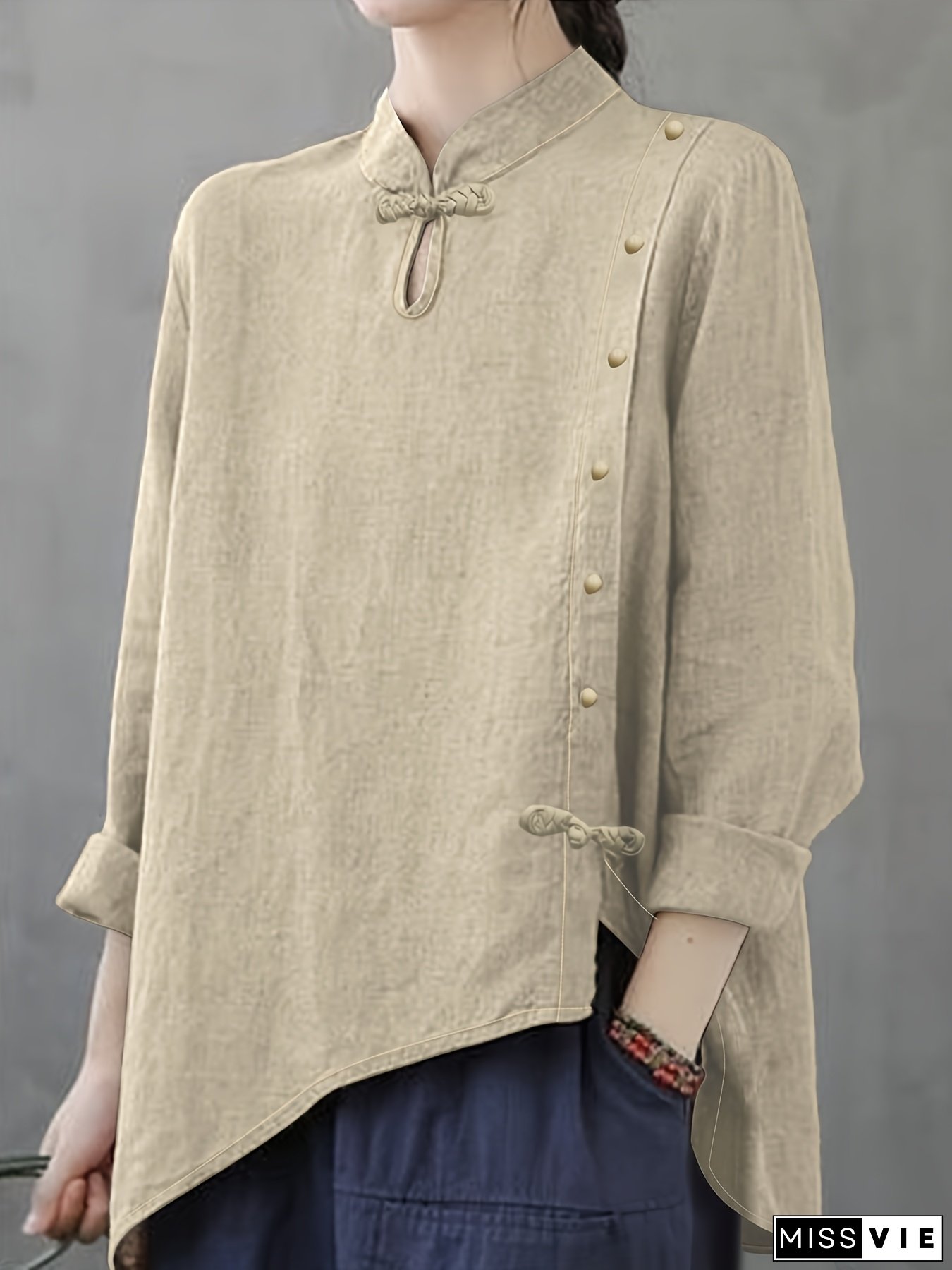 Elegant Daily Use Mandarin Collar Blouse with Asymmetrical Side Buttons - Casual Linen Shirt for Women, All-Season Wear, Casual Attire | Mandarin Collar Shirt | Linen Fabric