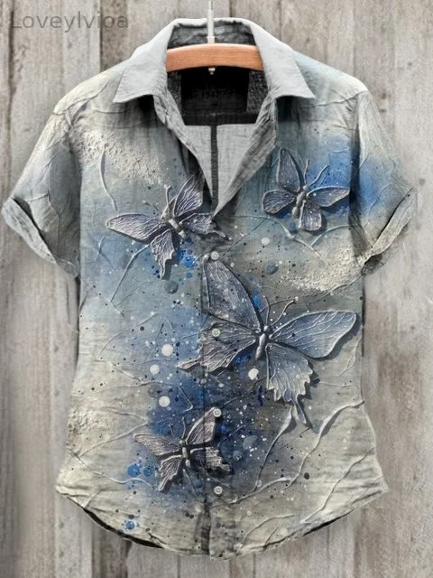 Women's Embossed Butterfly Vintage Cotton and Linen Shirt