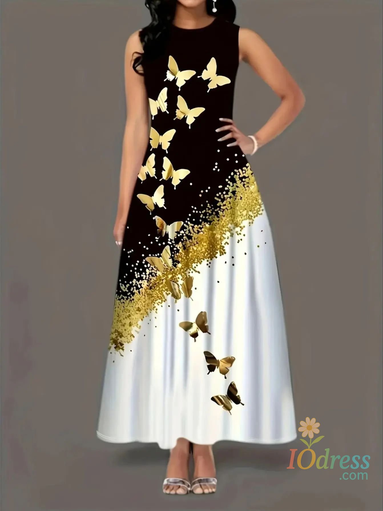 IO Dress Spring and summer hot-selling printed dress European and American butterfly print pocket round neck vest A-line long skirt IO Dress