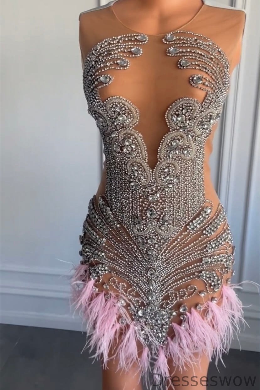 Dresseswow Pink Scoop Sleeveless Homecoming Dress With Crystals Feather Online