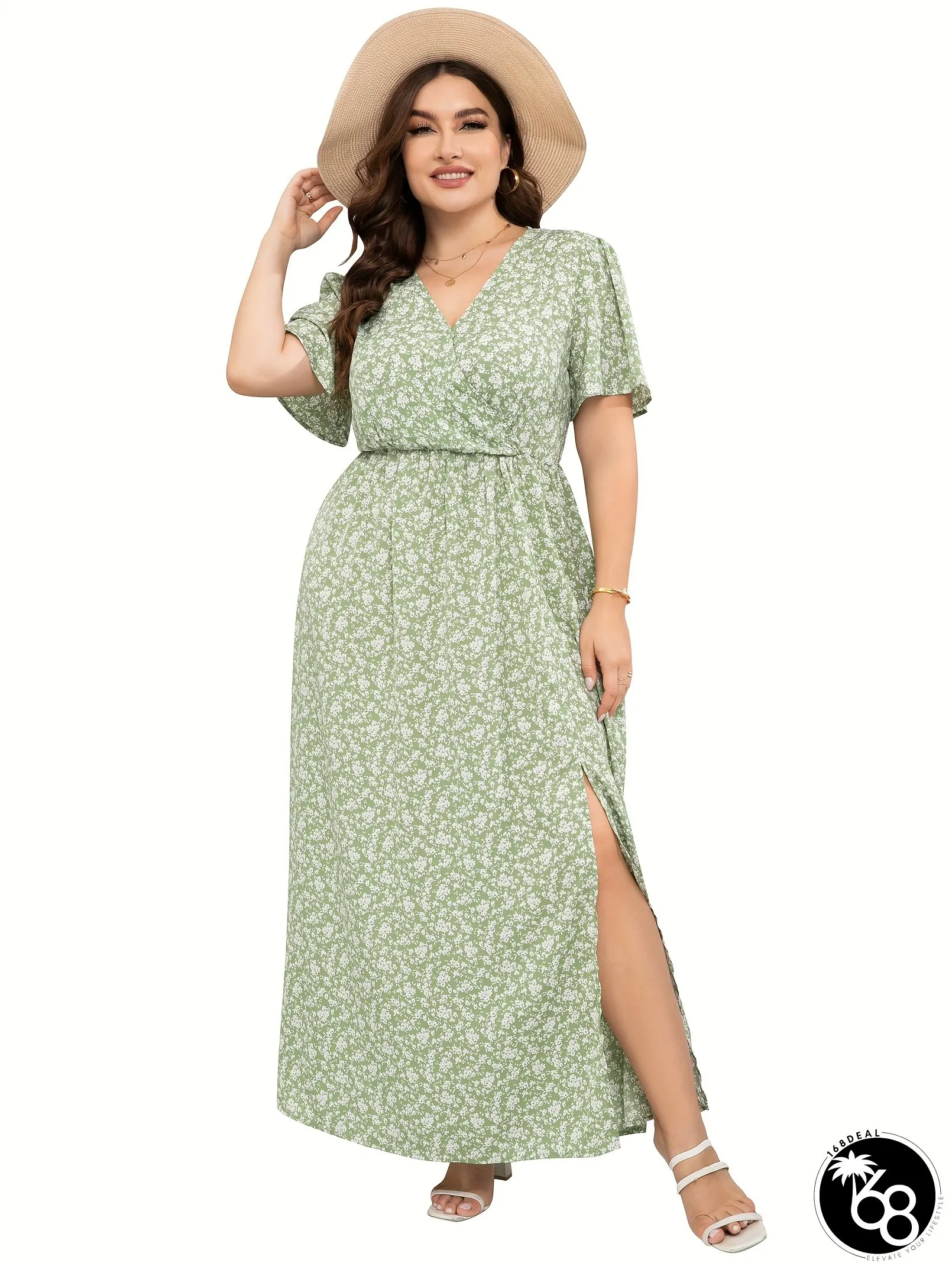 Plus Size Womens Floral Wrap Maxi Dress V-Neck Short Flutter Sleeves Empire Waist | 168DEAL