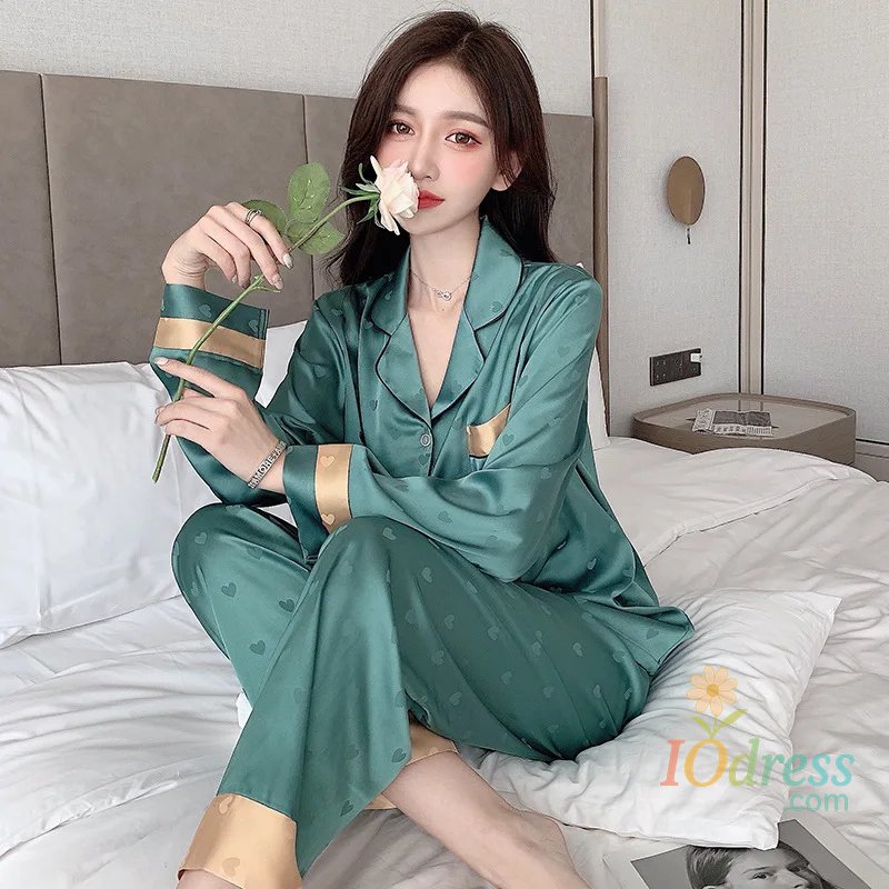 IO Dress High Qualtiy Ice Silk Pajamas Suit Women Spring Autumn Thin Long-sleeved Trousers Two-piece Sleepwear Summer Loungewear Female