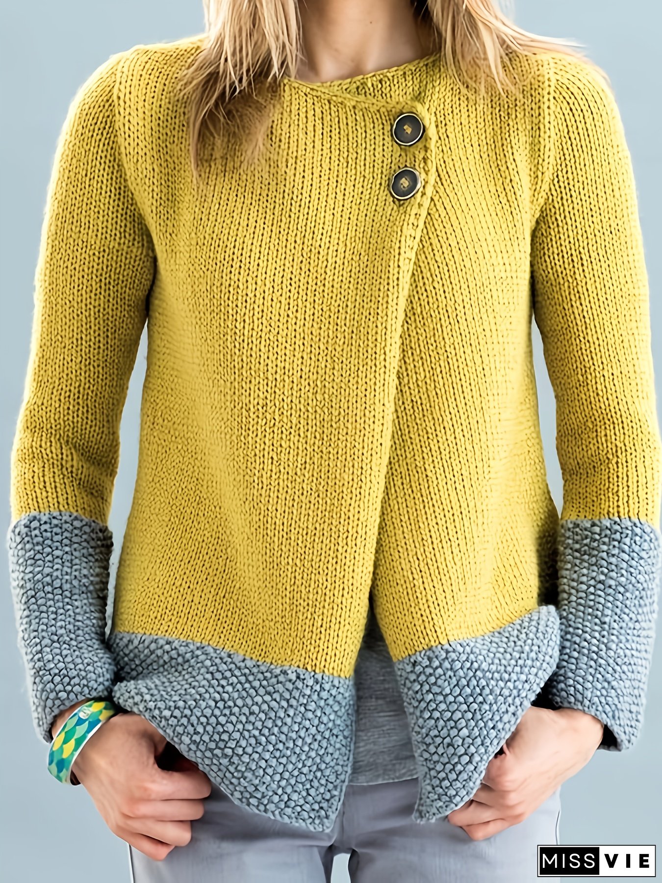 Rachel Women's Elegant Color Block Button-Front Cardigan - Soft Stretch Long Sleeve Open Front Sweater for Fall Winter, Blue Grey Brown, Classic Sweater for Ladies, Winter Knitwear, Buttonup Front, Highelastic Knitwear