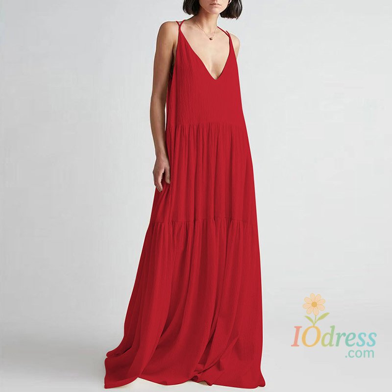 IO Dress Women Casual Solid Pleat Irregular Long Dress Spring Sexy Double V Neck Backless Hollow Dress Summer Loose Lace-up Sling Dresses IO Dress