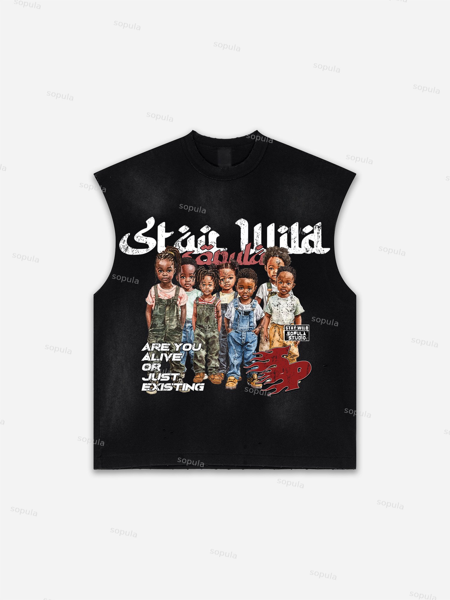 Men's Washed Cool Children Portraits Are You Alive Or Just Existing Print Tank Top