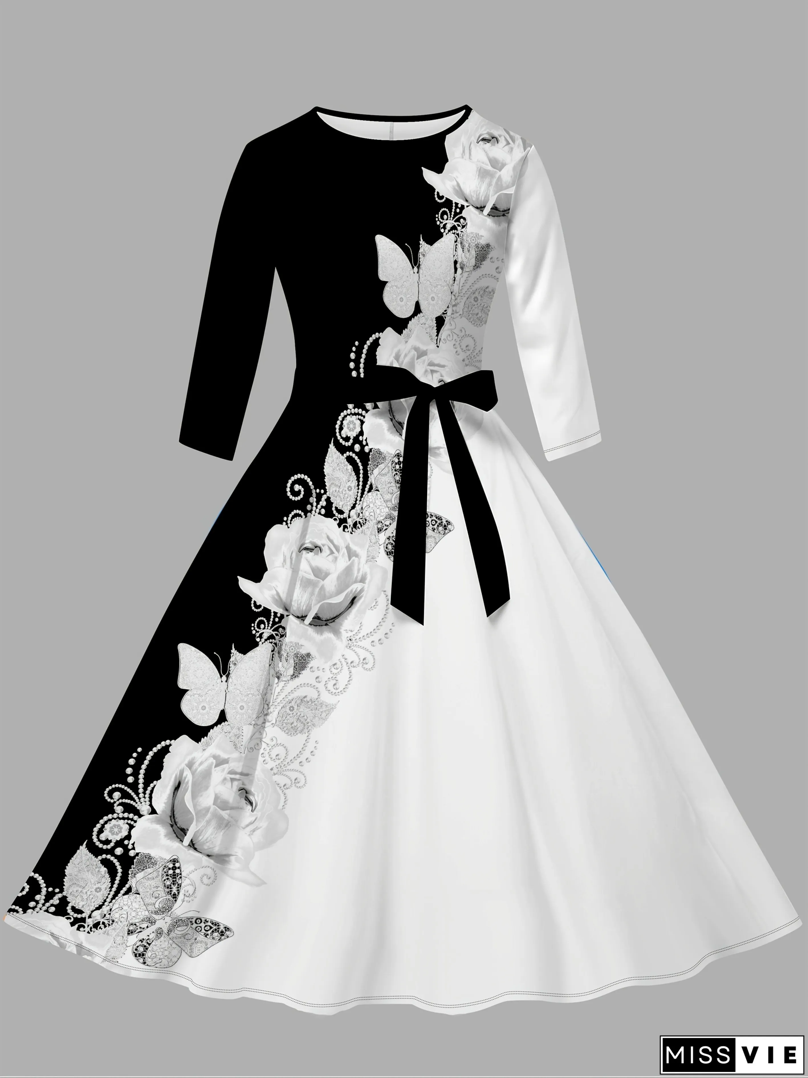 Womens Elegant Floral Print Dress Black White Round-neck Summer with Belt Long Sleeve