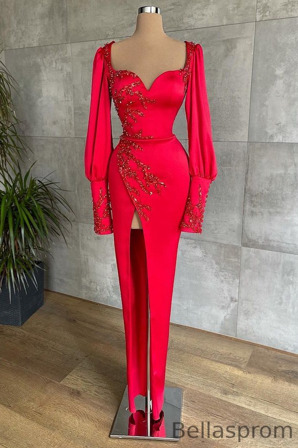 Bellasprom Red Long Sleeves Prom Dress Mermaid Sweetheart With Beadings Split Bellasprom