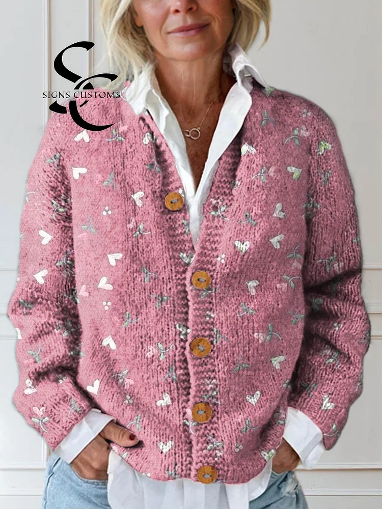 Women's Love Pattern Art Print Buttoned Cardigan Sweater