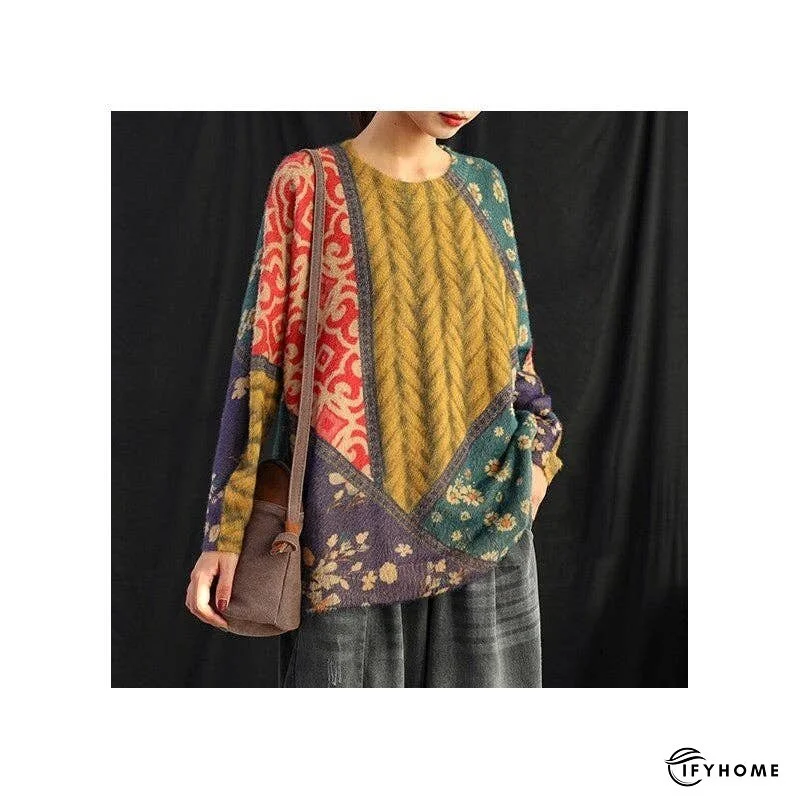 Women's Floral Print Round Neck Sweater With Medium Length | IFYHOME