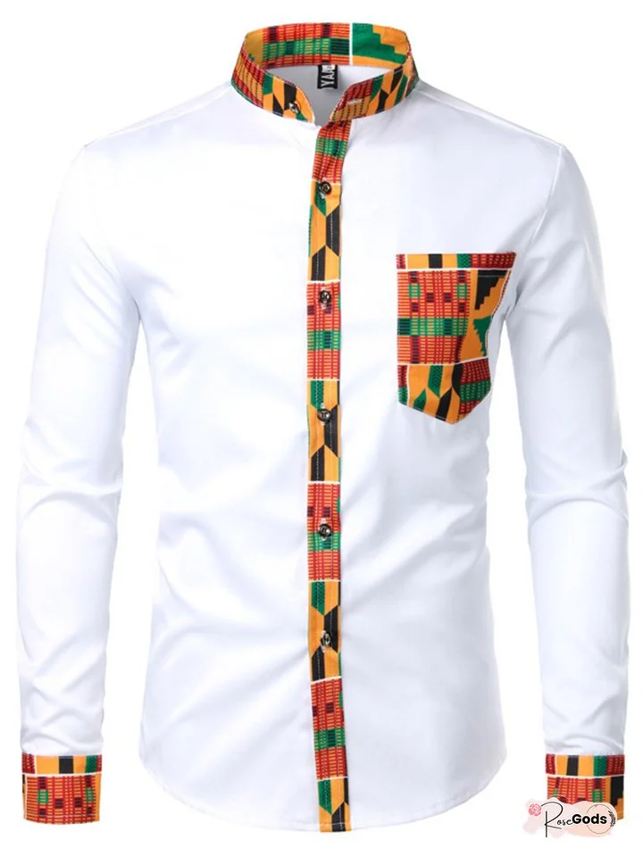 Men's New Lapel Long-sleeved Cardigan Shirt Fashion Casual Printed Shirt Men Splicing Color Collision