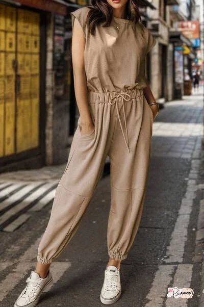 Drawstring Round Neck Cap Sleeve Jumpsuit