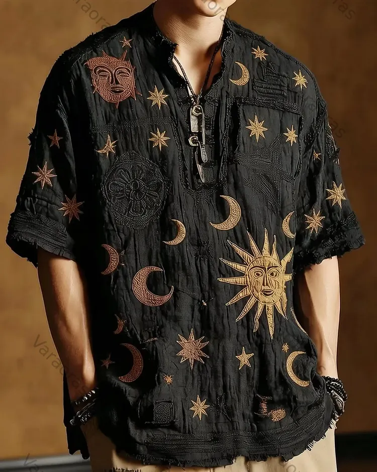 Men's Color-Blocked Star and Moon Embroidered Short-Sleeve Shirt 6506