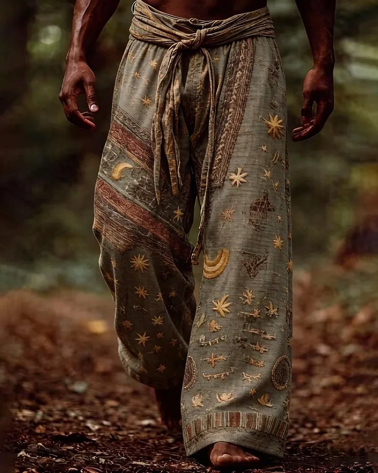 Men's Summer Fashion Color-Blocked Star and Moon Embroidered Long Pants 8690
