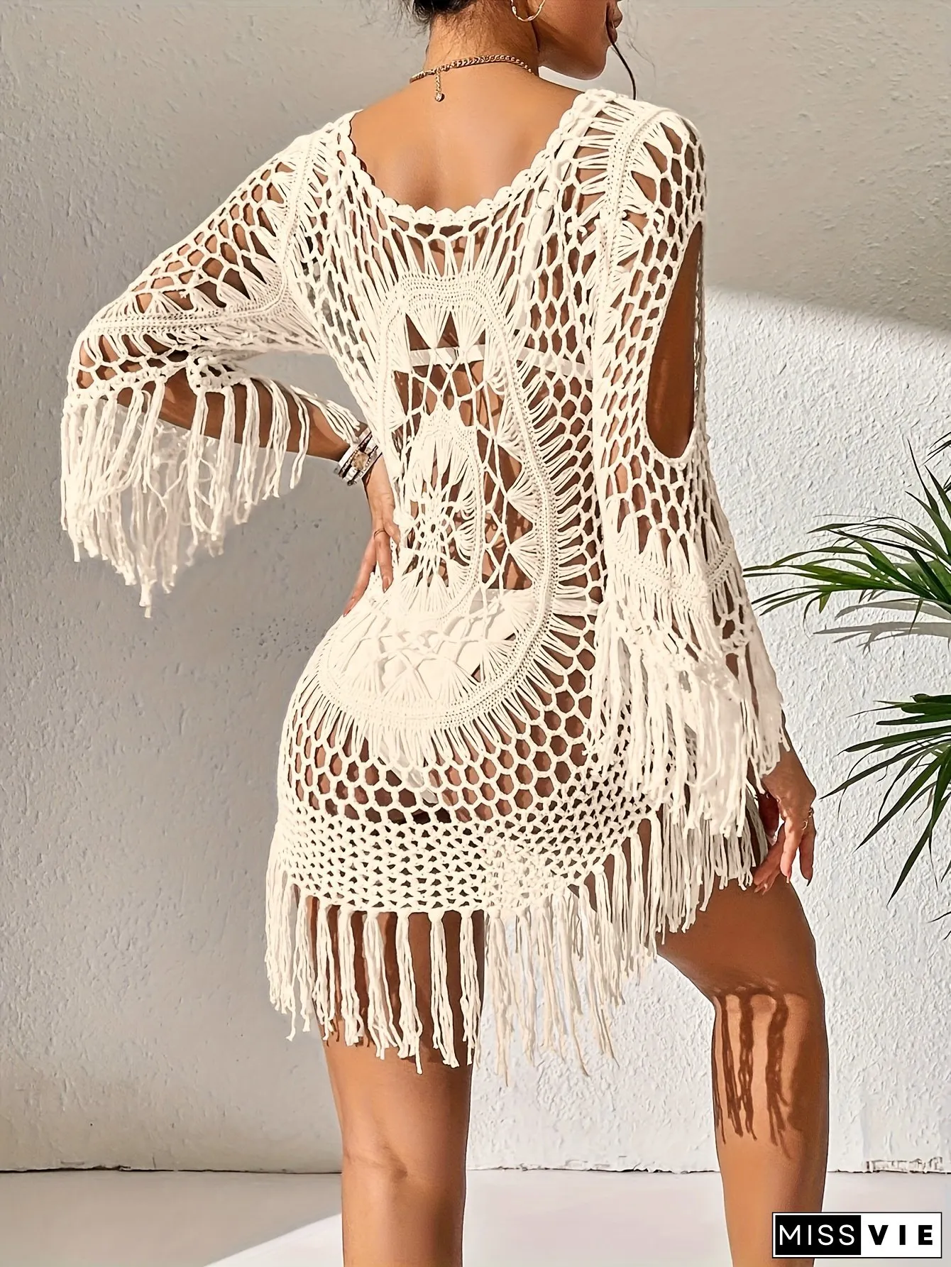 Lightweight Bohemian Lace-Link Dress Womens A-Line Summer with Fringe Hem Keyhole Neckline
