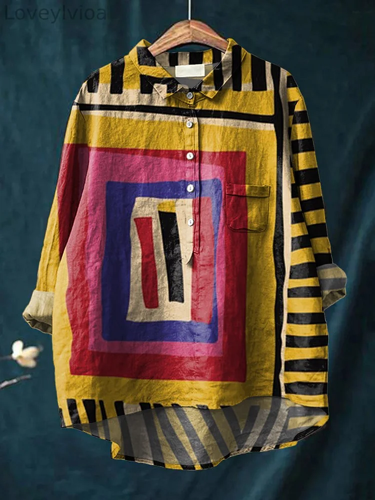 Women's Yellow Color-block Abstract Figure Print Casual Cotton And Linen Shirt