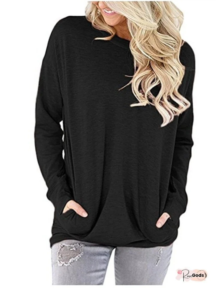 Round Neck Long Sleeve Pocket Solid Color Loose Long Sleeve T-shirt