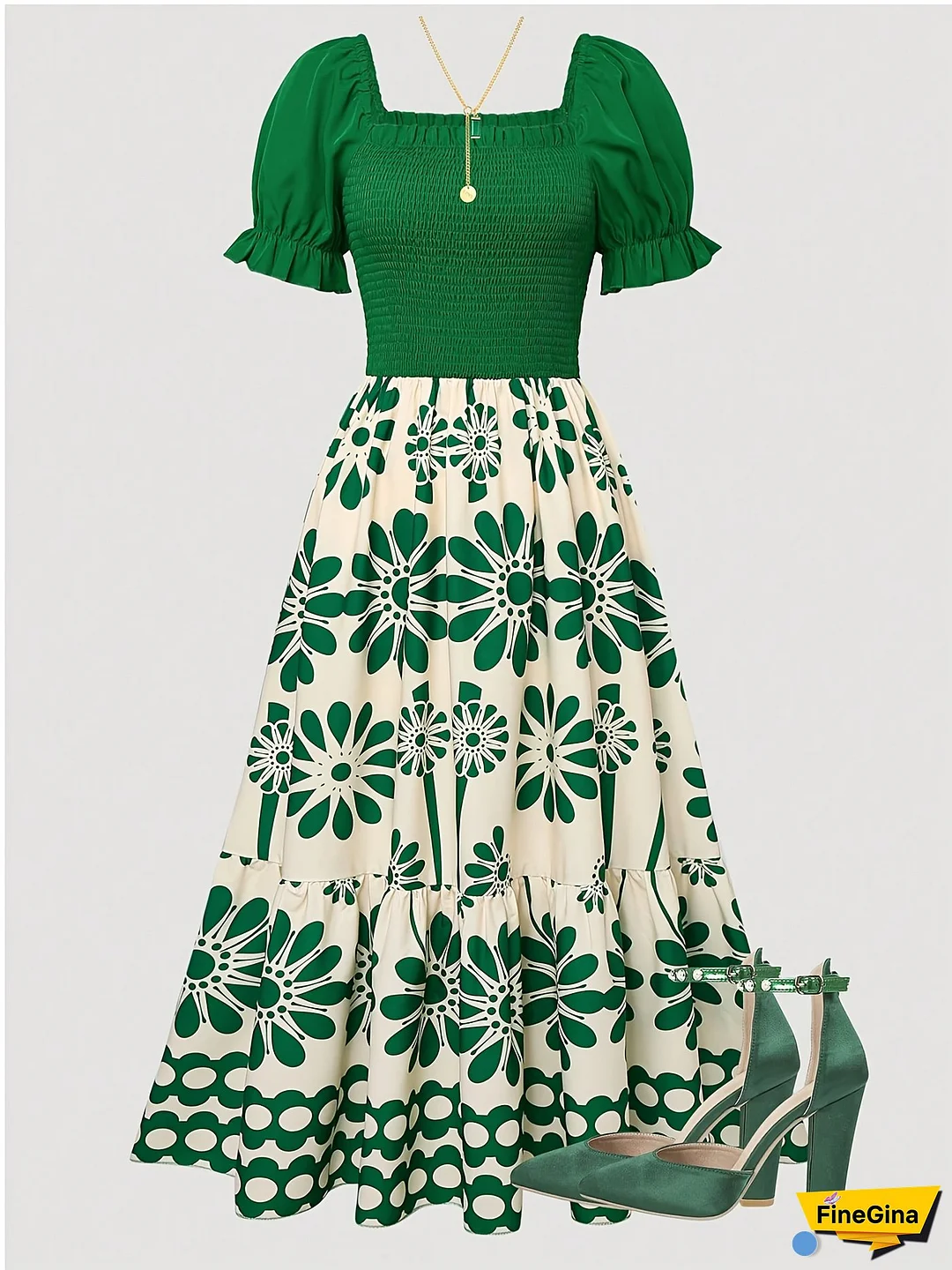 Women's Bohemian Floral Print Square Neck Dress - Red & White Contrast Ruffled Short Sleeve, Fitted Top & Flowy Skirt With Chest Ruching, Non-Stretch Fabric For Spring Summer Fall Casual Vacation & Beach Outings, Beach Dresses, Summer Fashion