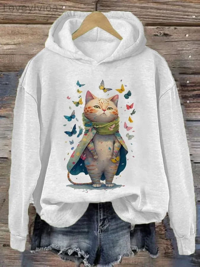 Women's Fashion Casual Cat Lover Printed Hood