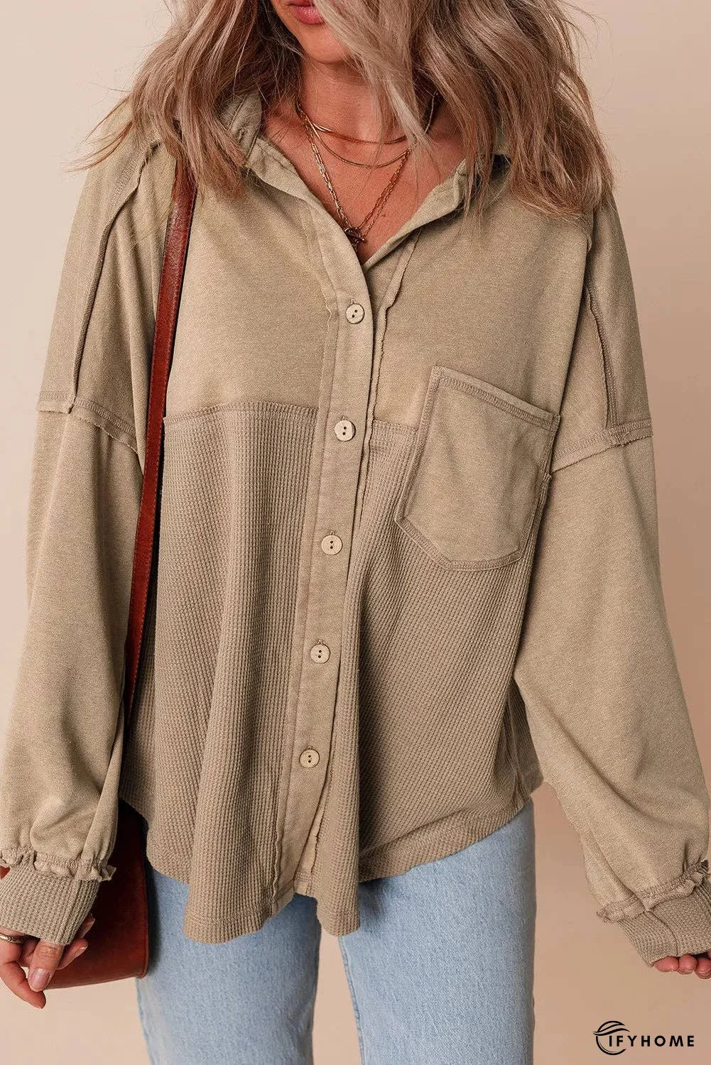 Waffle-Knit Collared Neck Long Sleeve Shacket | IFYHOME