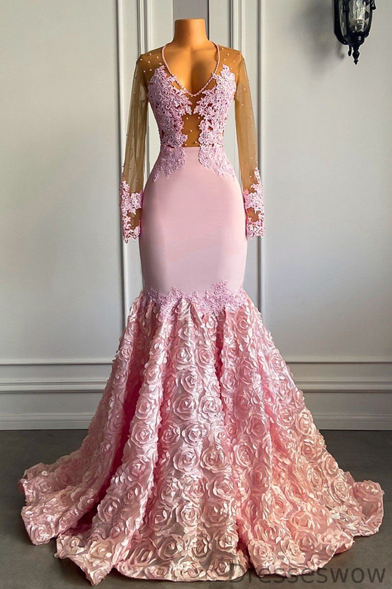 Dresseswow Pink Long Sleeves Prom Dress Mermaid Lace Appliques With Flowers