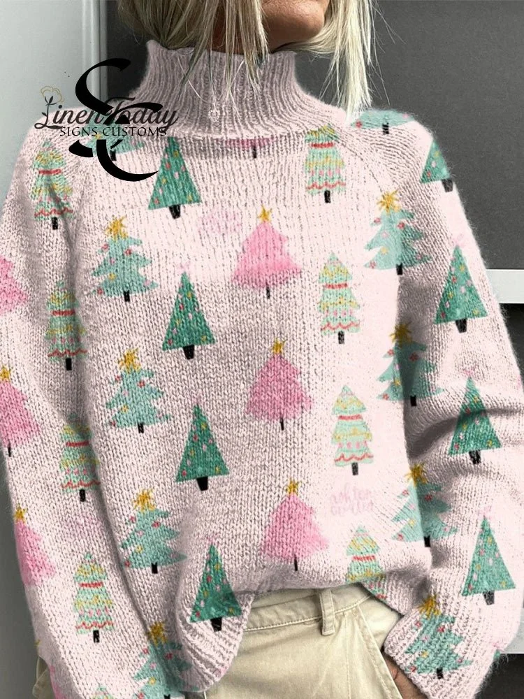 Pink Christmas Tree Christmas Print Knit Turtleneck Pullover Sweater