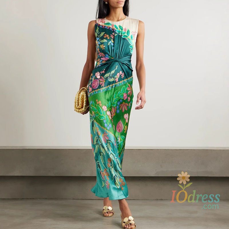 IO Dress Retro Printed Satin Twisted Dress for Women Summer New Casual O Neck Zippers Boho Dress Elegant Sleeveless Hollow Out Long Dress