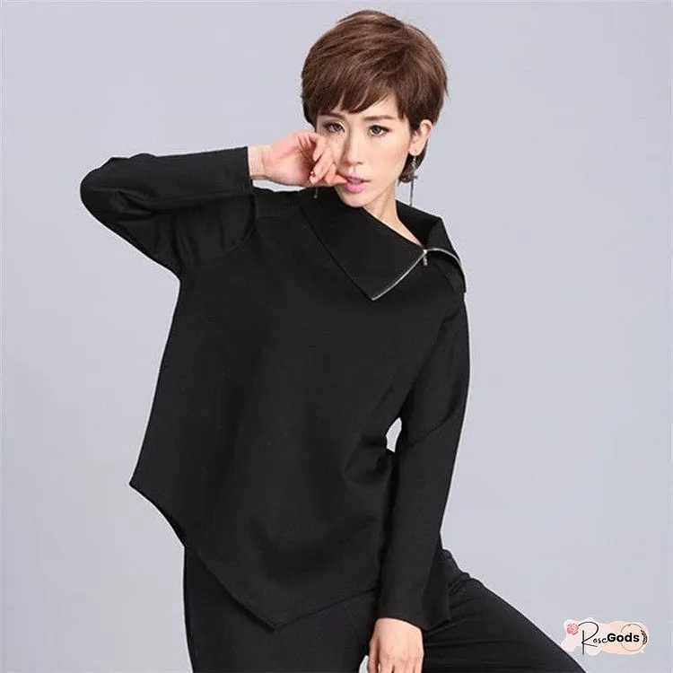 Loose High Neck Side Zip Irregular T-Shirt