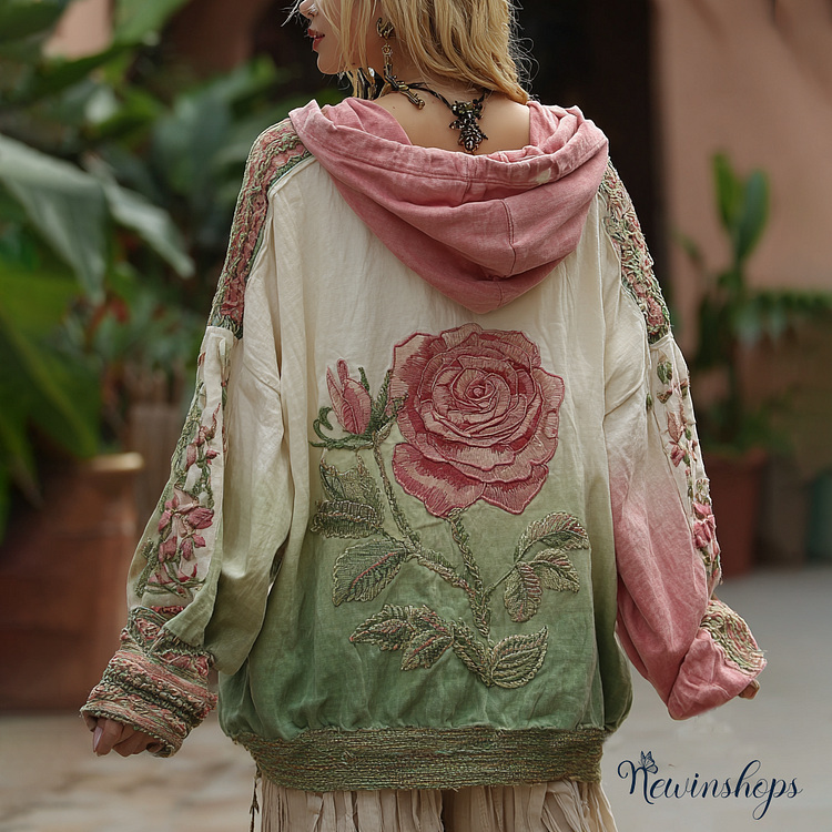 Love & Health Collection Vintage Rose And Floral Art Linen Long Sleeve Hoodie