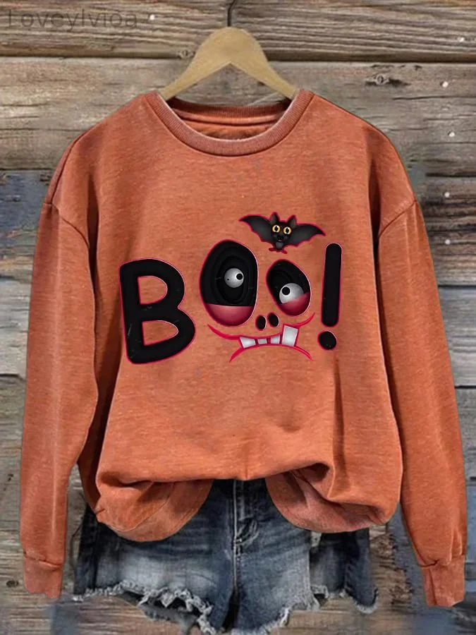 Women's Boo Halloween Bat Print Long Sleeve Sweatshirt