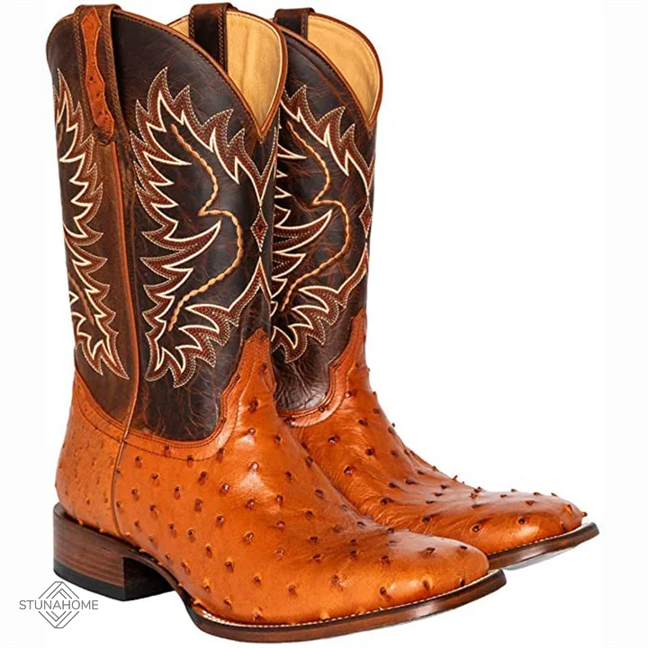 Men's Retro Exotic Square Toe Western Cowboy Boots  Stunahome.com
