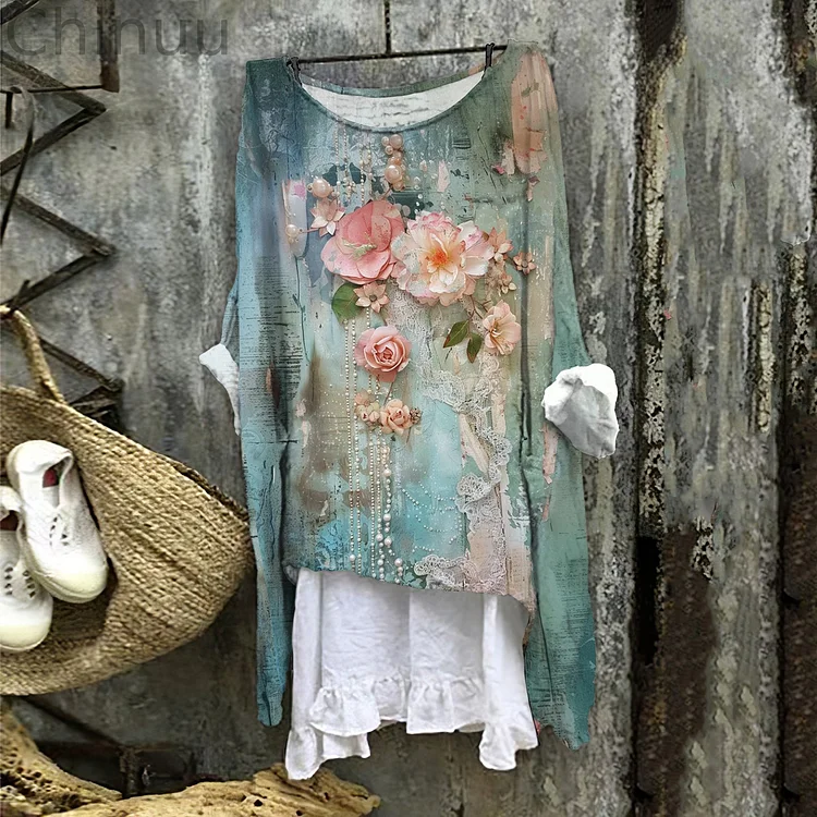 Women's Floral Pearl Embroidery Art Linen Blend Vintage Shirt