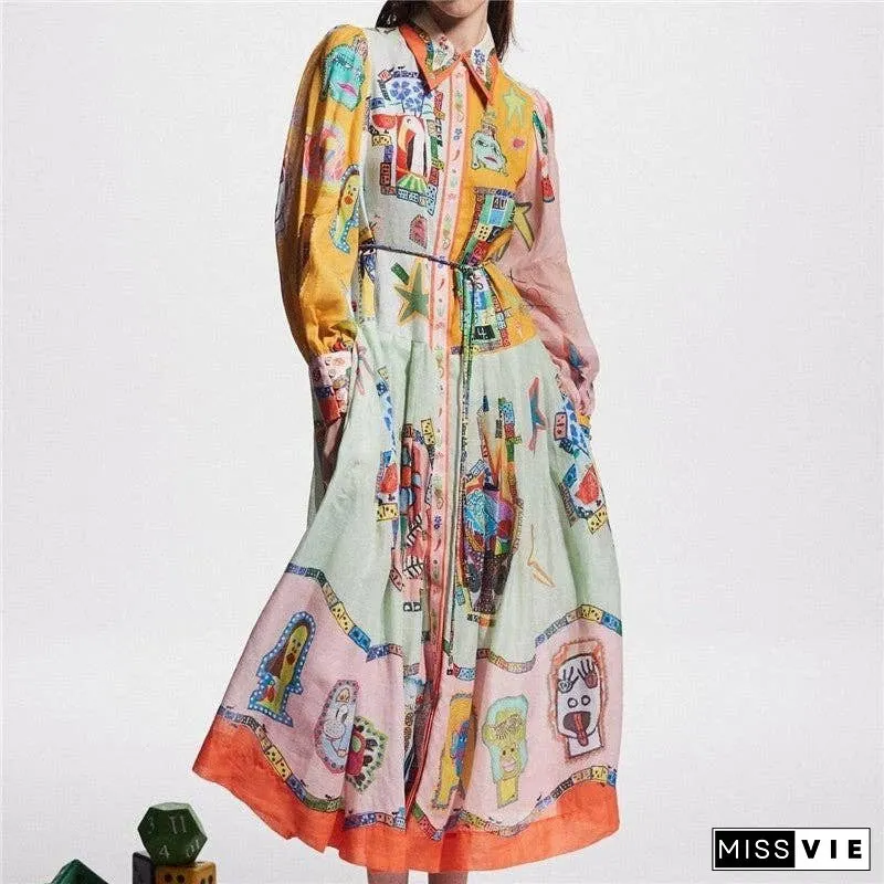 Floral Print Long Sleeve Tie-Waist Swing Dress