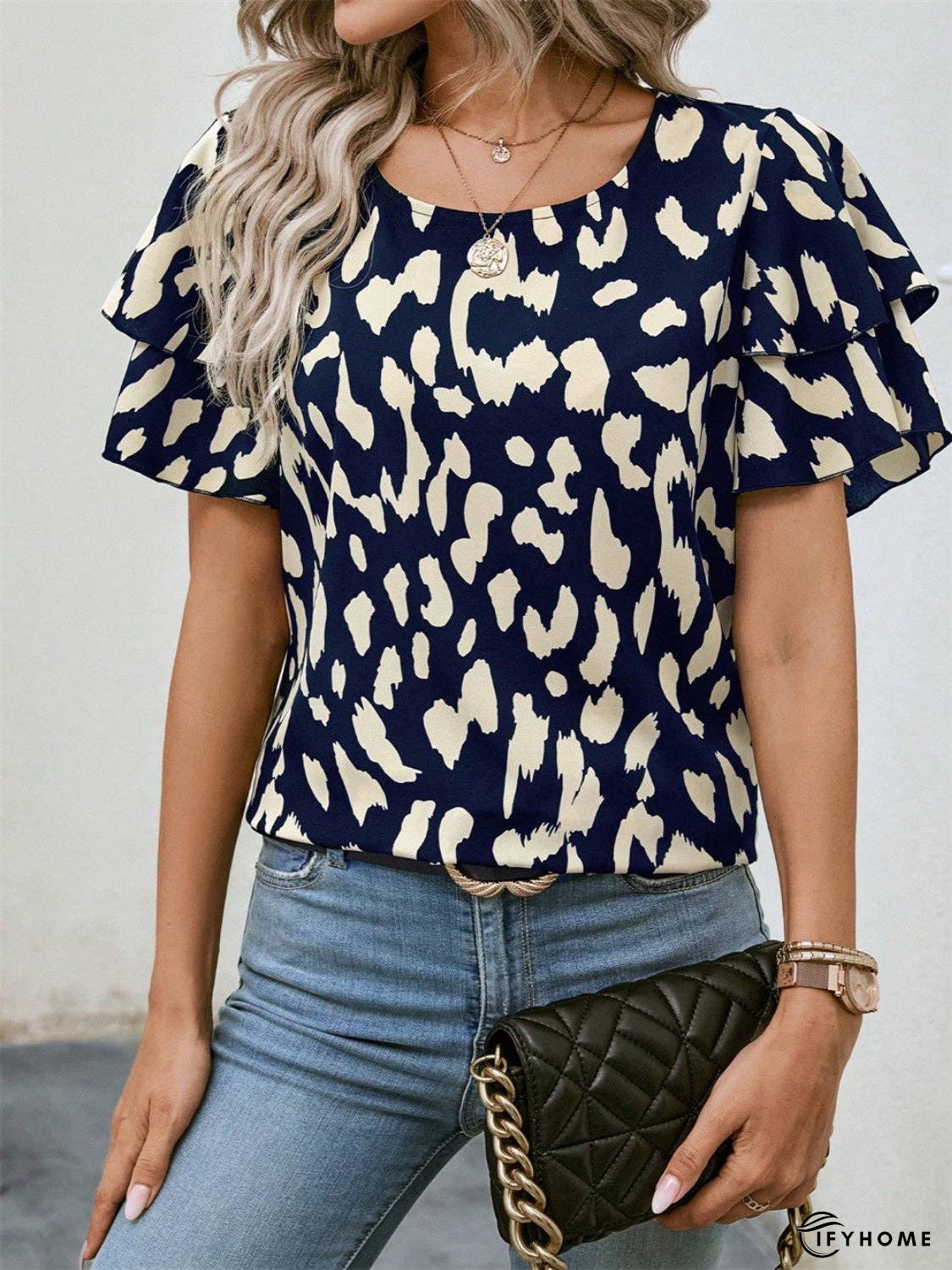 Ruffled Printed Round Neck Short Sleeve Blouse - 5% Spandex | IFYHOME