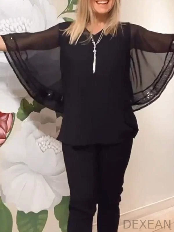 Sequin Patchwork V-neck Shirt