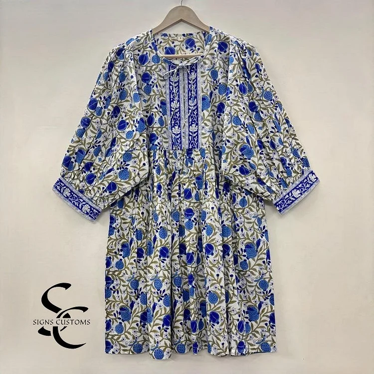 Blue Floral Block Print Soft Cotton Summer Woman Midi Dress &ndash; Tunic for Women with String Closure