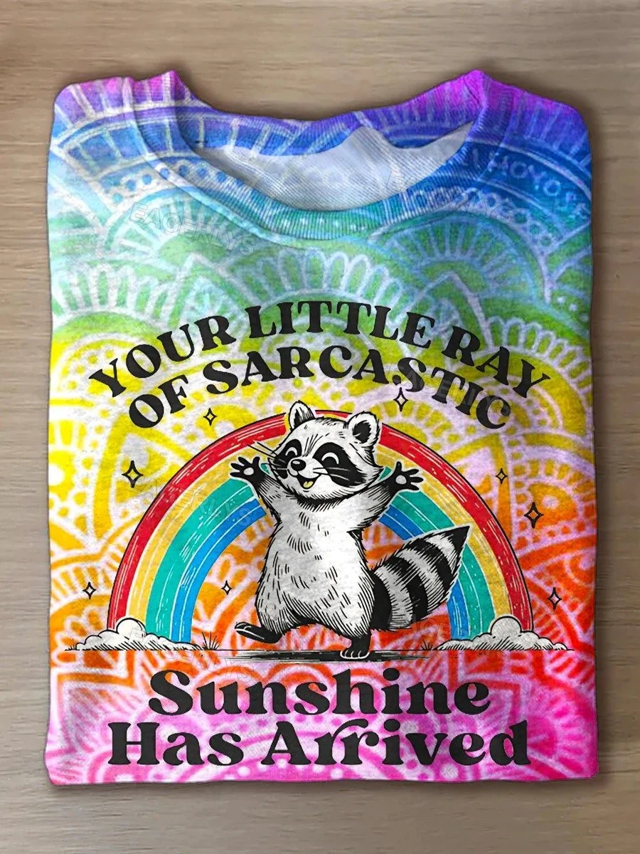 Eagerlys Retro Rainbow Cute Raccoon Printed Crew Neck T-shirt Eagerlys