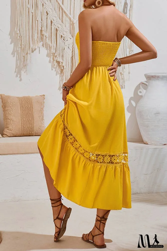 Spring Plain Strapless Smocked Buttoned Maxi Dress SN355