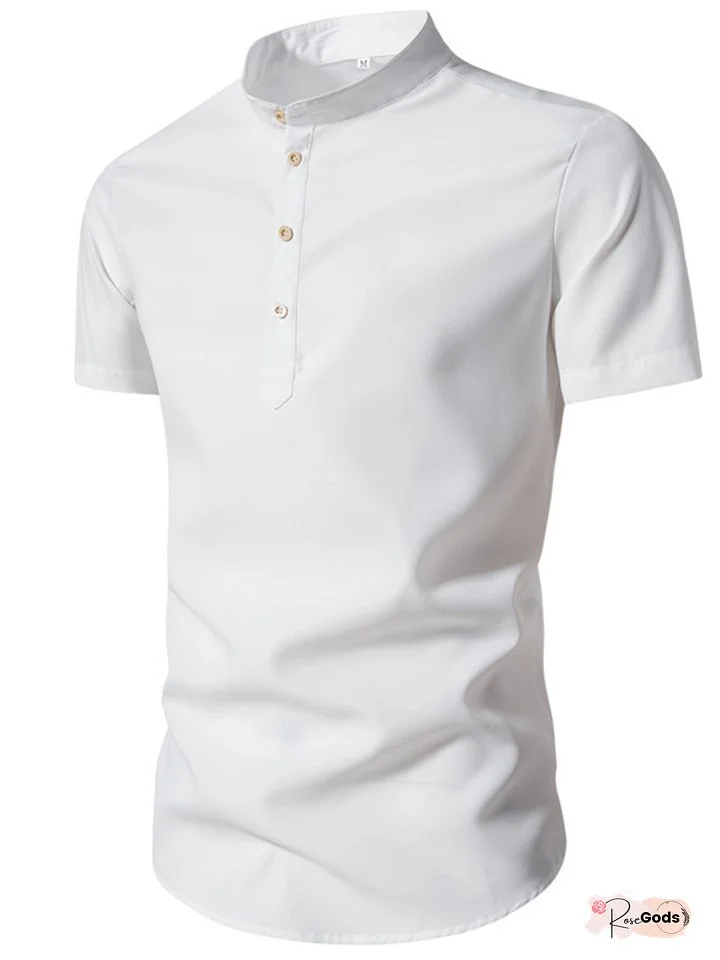 Men's Short-sleeved Shirt Stand-up Collar Pullover Solid Colour Buttons Casual Fashion Short-sleeved Shirt