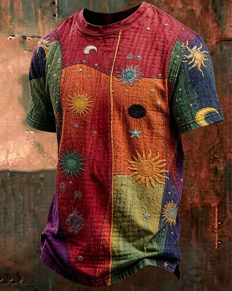 Men's Summer Outdoor Fashion Star Embroidery Color Block Patchwork T-Shirt  8038