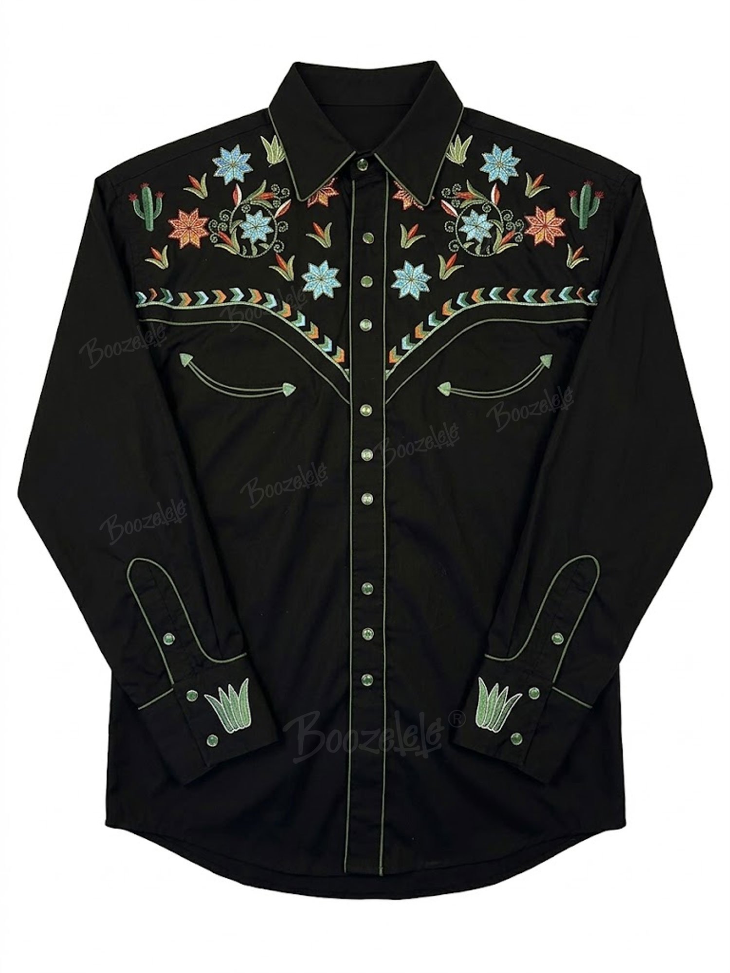 Men's Vintage Western Black Cactus & Desert Floral Long Sleeve Shirt Cowboy Pearl Snap Shirt- 100% Cotton Shirt