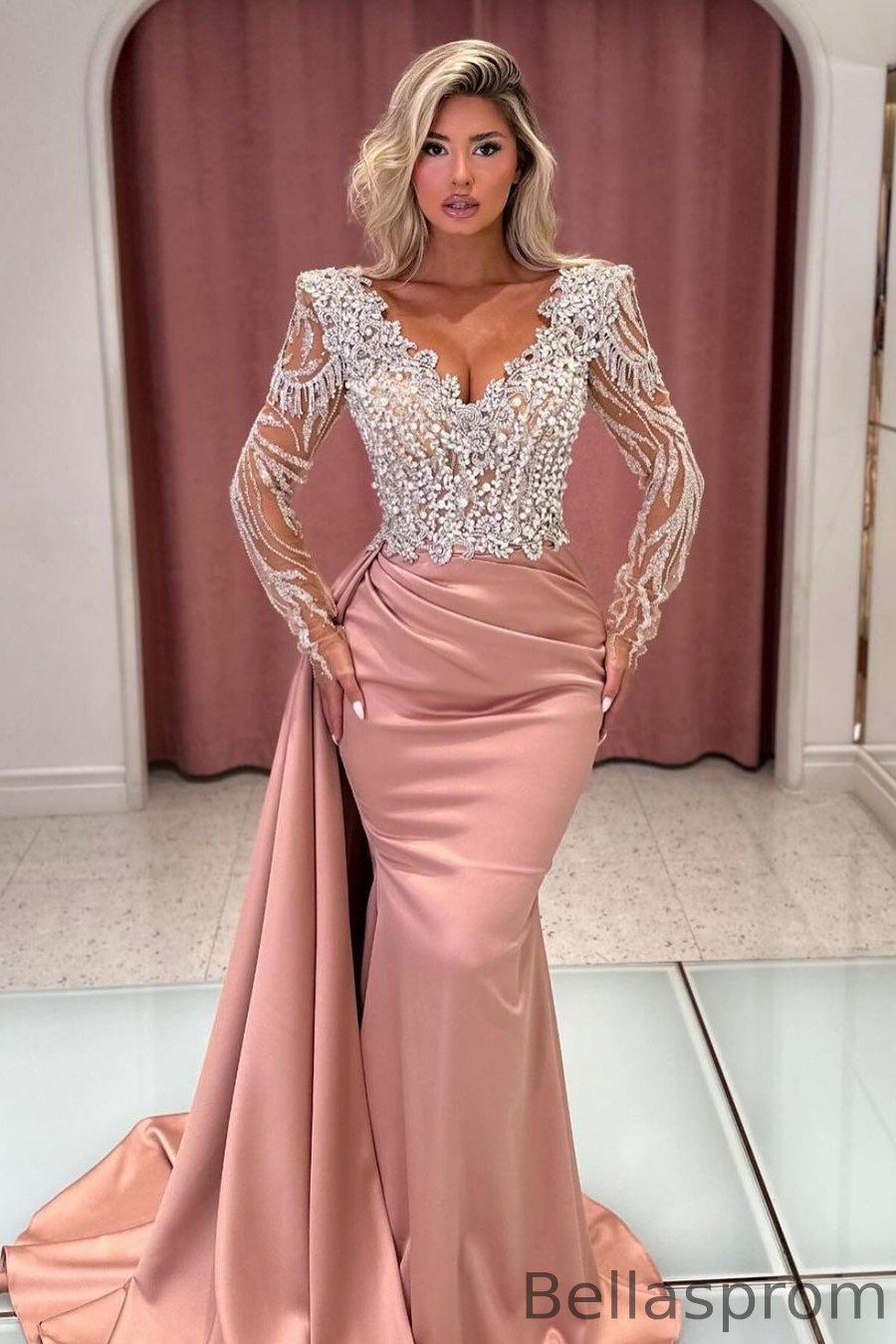 Bellasprom Dusty Pink V-Neck Long Sleeves Mermaid Prom Dress With Beadings Crystals Ruffles Bellasprom